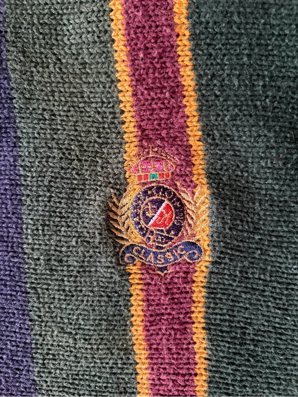 Vintage Men's Navy Blue, Forest Green and Maroon Striped Crewneck Sweater